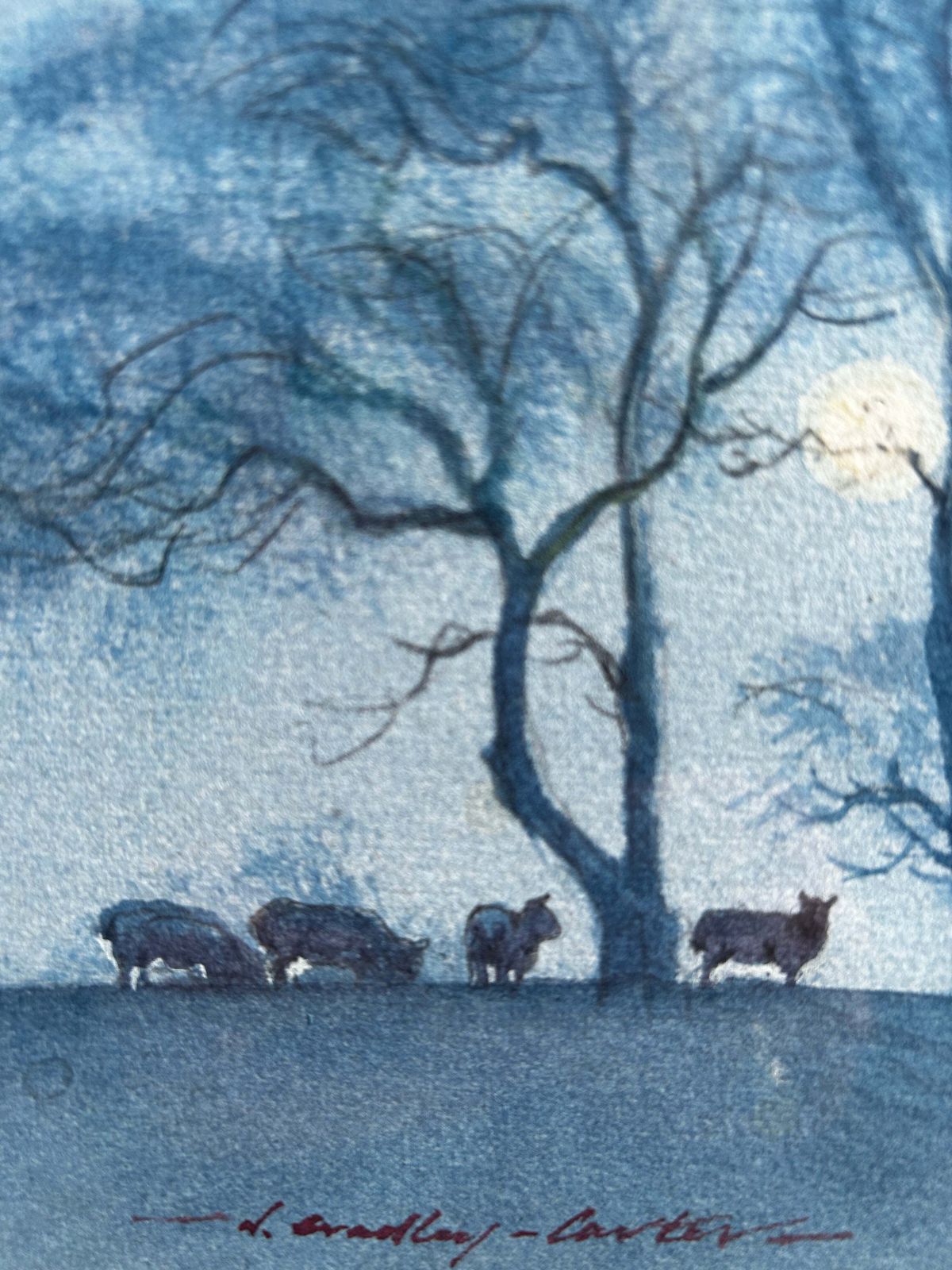 Nicolas Bradley Carter B 1924 Sheep On A Hill Under A Full Moon Watercolour photo buy