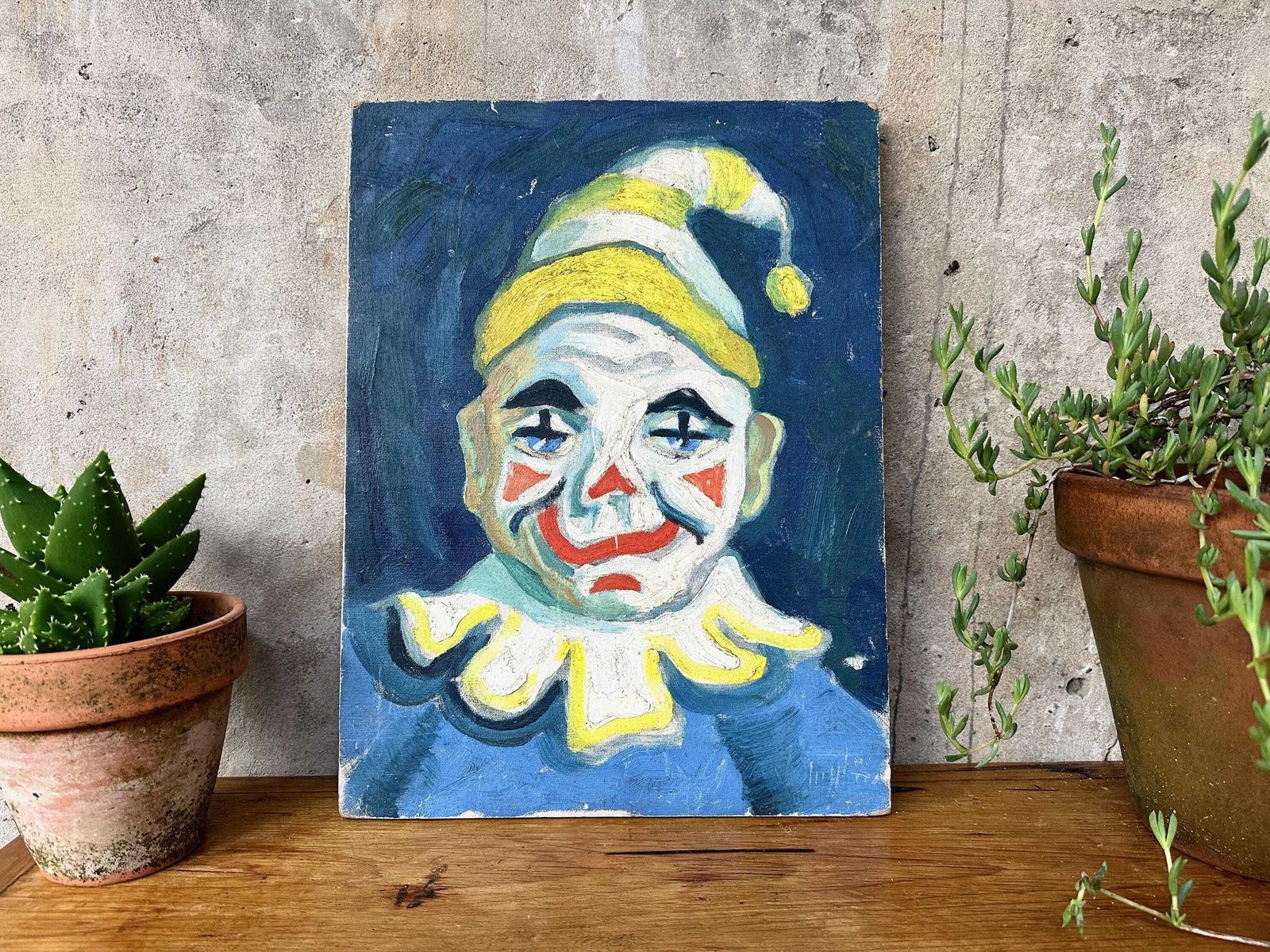 Vintage Original Clown Oil Painting On Board By Margo Ingham (1918 1978) Signed photo furniture