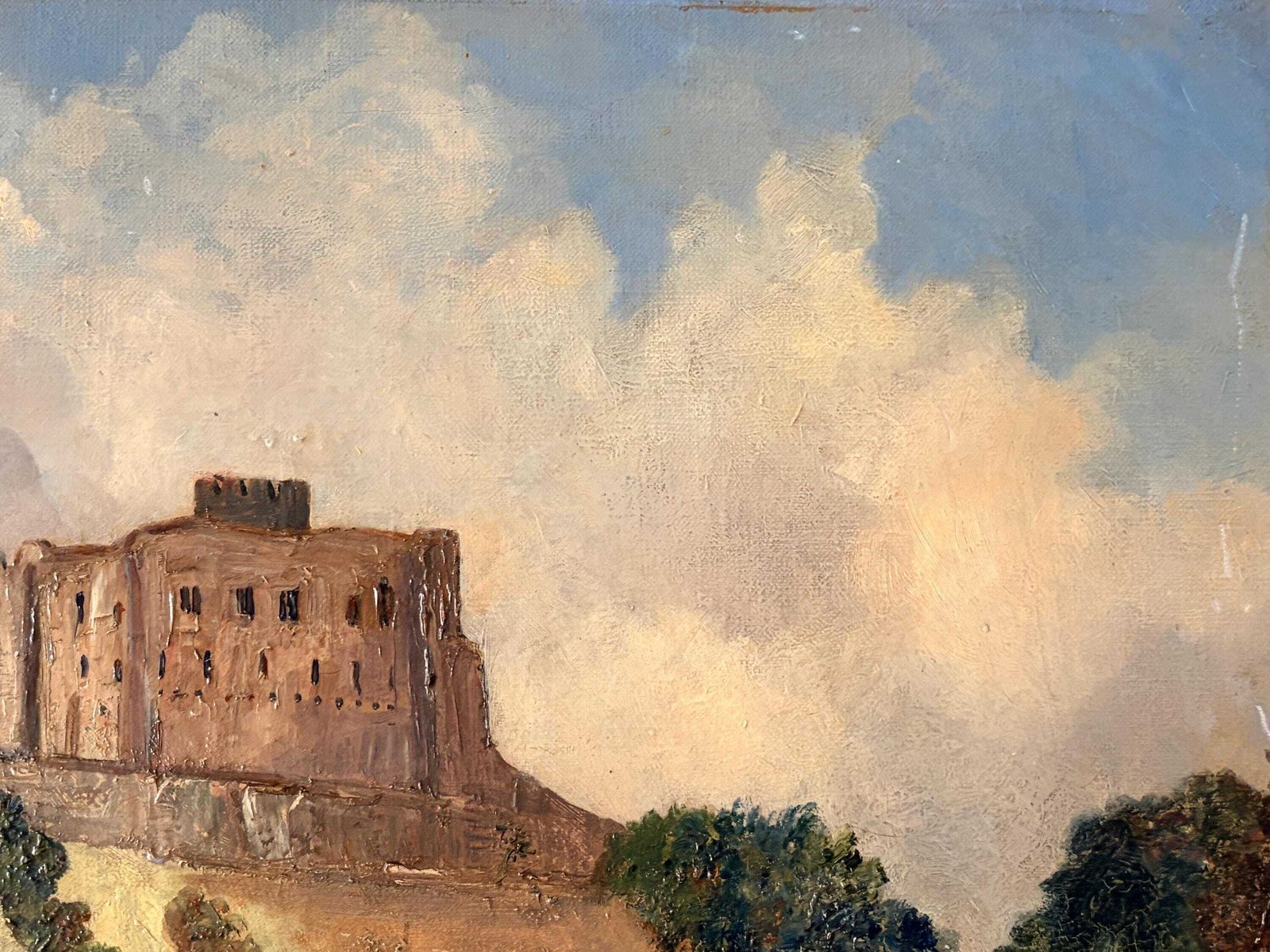 Vintage Oil Painting Richmond Castle Yorkshire – Malcolm Wombwell Landscape, Signed Textured Oil On Canvas, 1972 Inscribed Artwork photo for sale