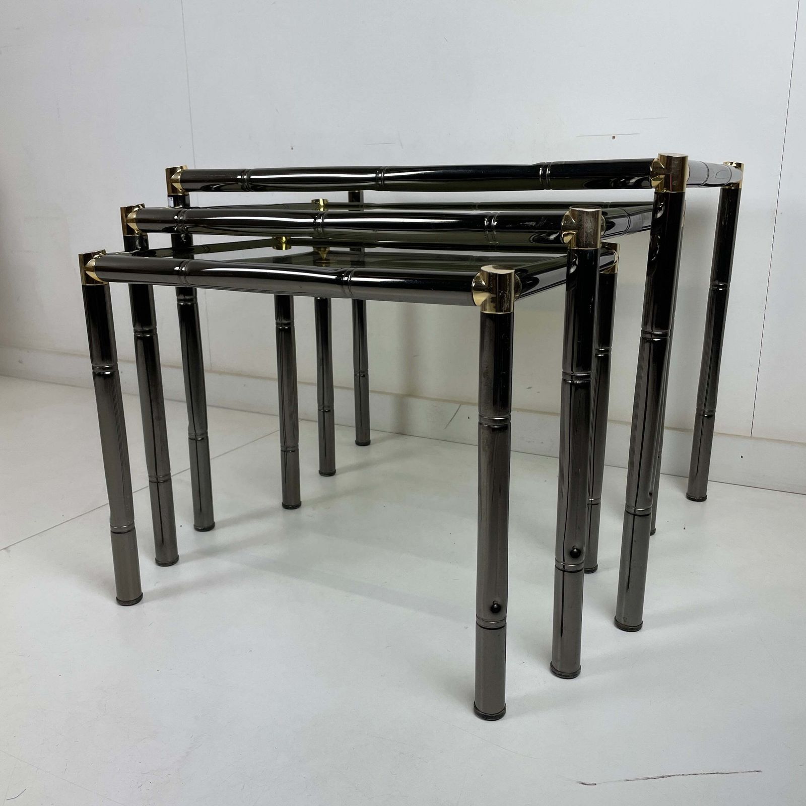 Boulanger French Metal Faux Bamboo Black Nesting Tables photo for sale