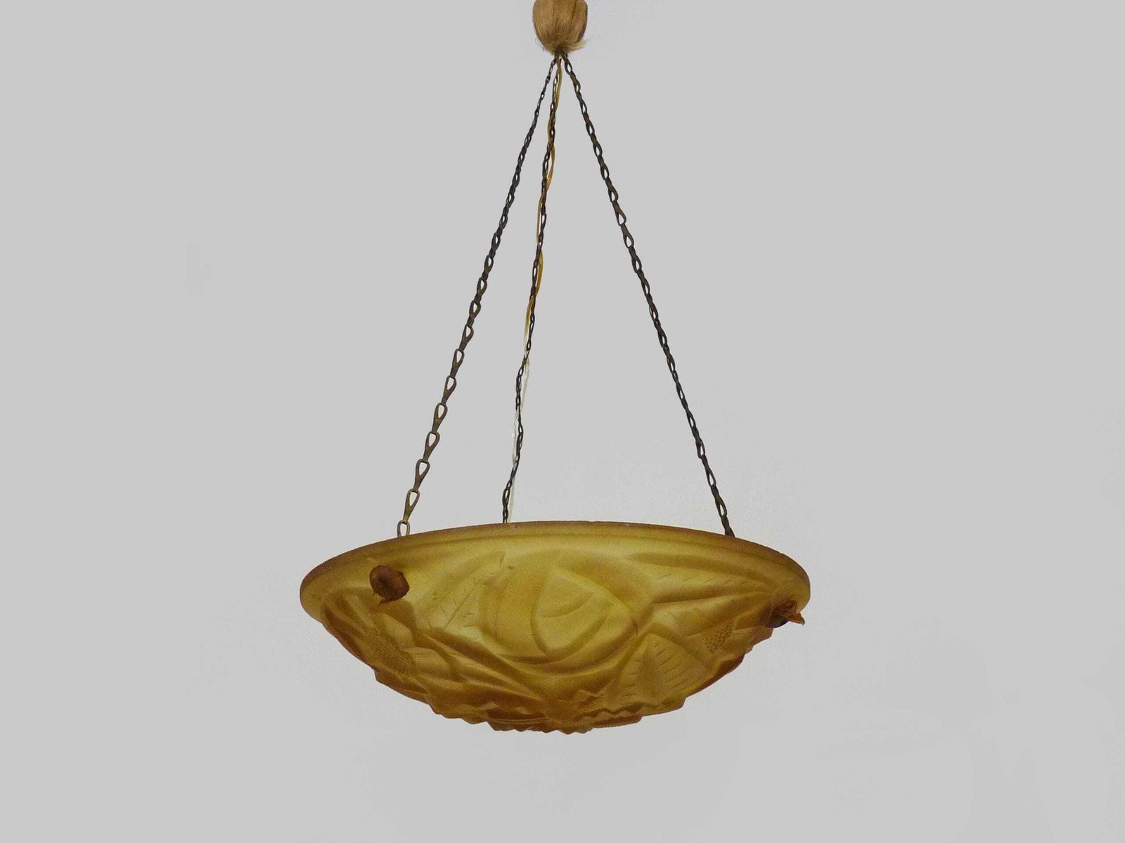 Antique Degue Chandelier, Art Deco Single Light Glass Molded Bowl Pendant. Signed Degué France