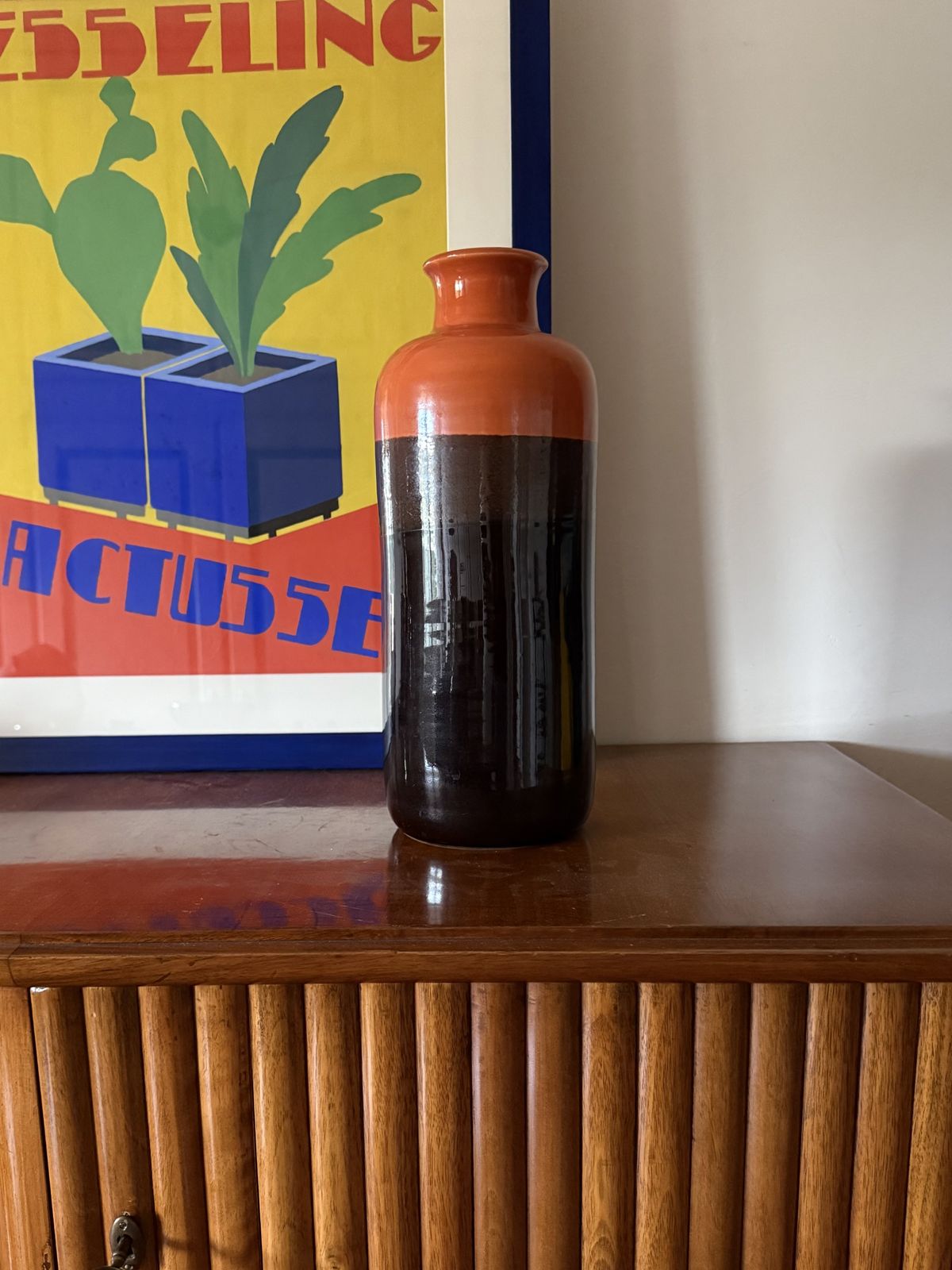 Mid Century Orange & Brown Ceramic Vase, Aldo Londi Bitossi Italy 1970s photo vintage