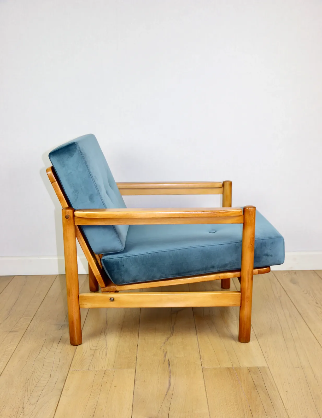 Vintage Brown Sea Blue Wooden Armchair Designed By Z. Bączyk   Light Wood photo vinterior