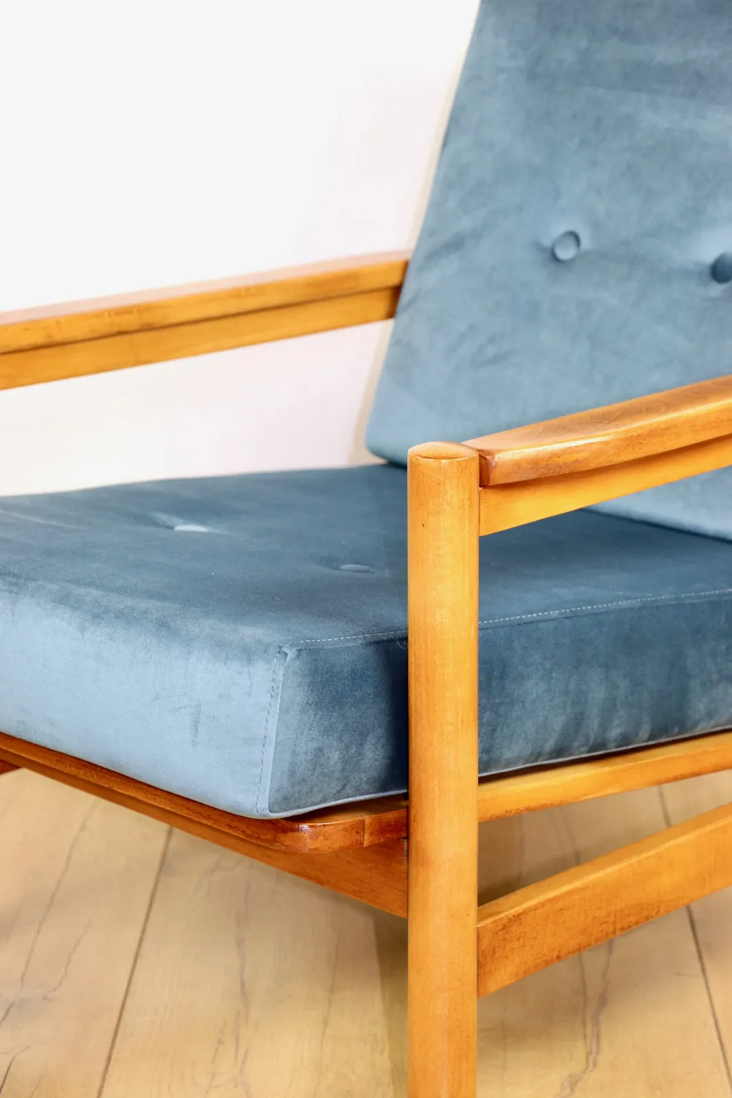 394.0 Vintage Brown Sea Blue Wooden Armchair Designed By Z. Bączyk   Light Wood photo