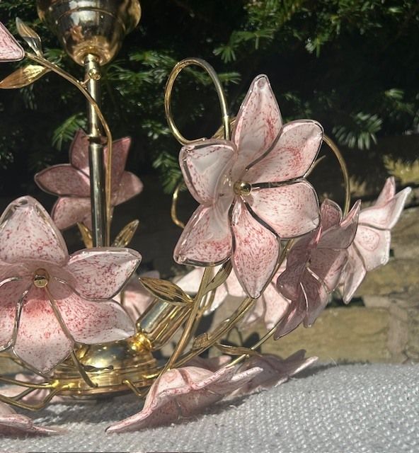 Vintage Italian Pink Glass Flower Chandelier – Murano Style – Gilt Metal photo for sale