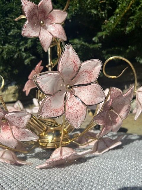 Vintage Italian Pink Glass Flower Chandelier – Murano Style – Gilt Metal photo buy