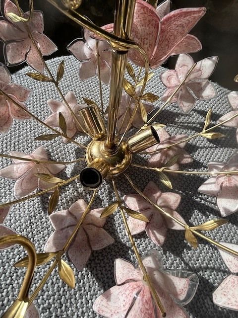 photo for sale Vintage Italian Pink Glass Flower Chandelier – Murano Style – Gilt Metal