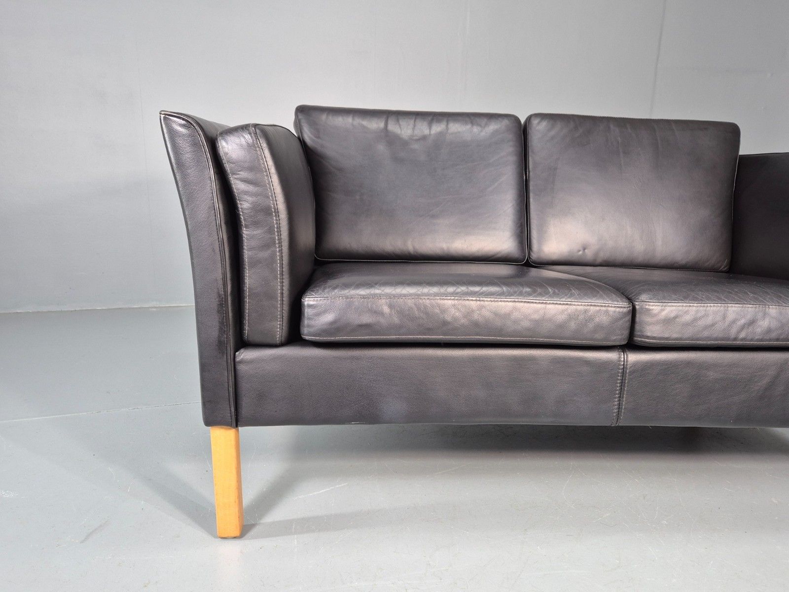 Vintage 2 Seater Settee Danish Retro Black Leather And Vinyl Eb11640  M2ss photo for sale