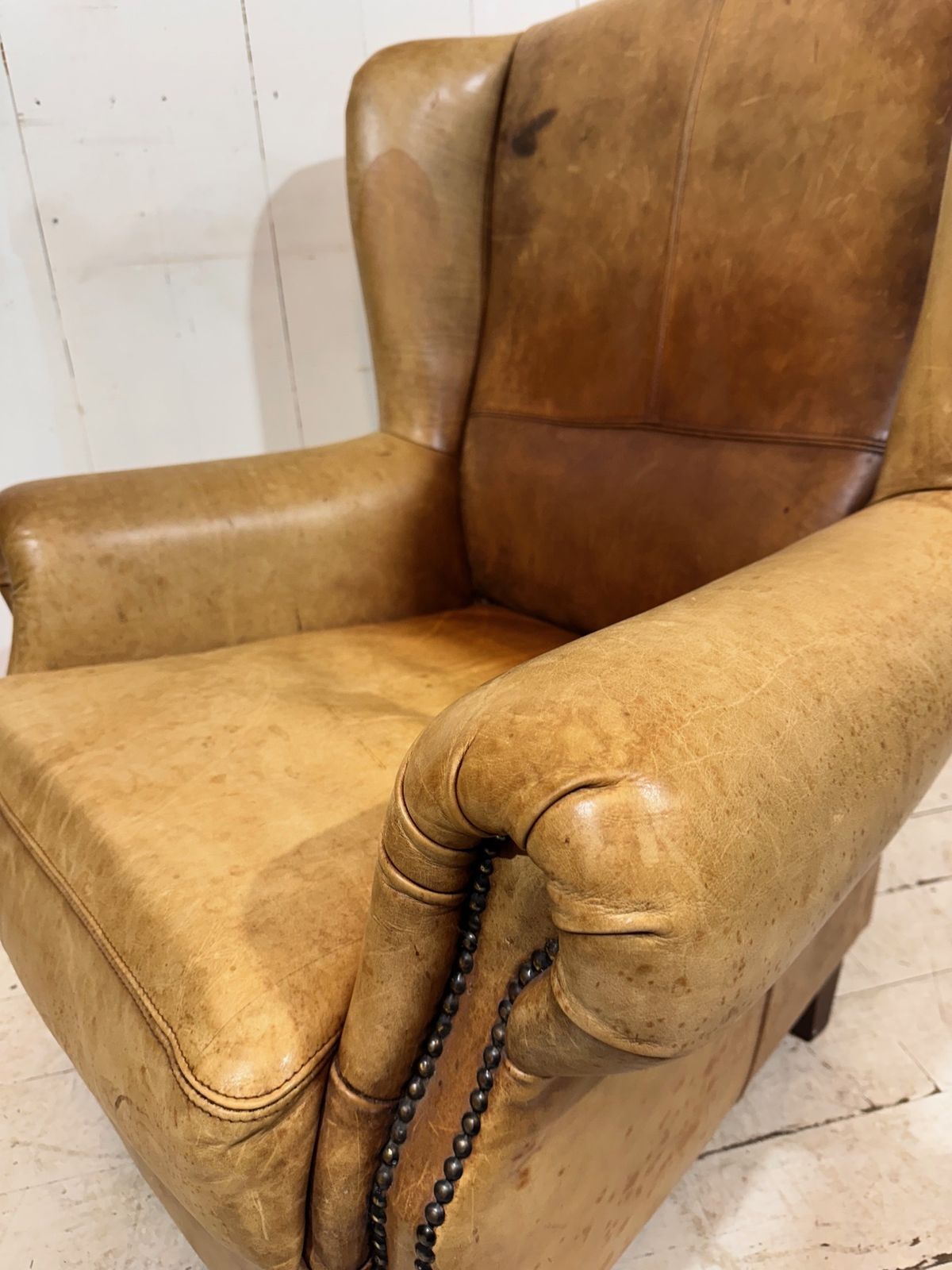 Vintage Hotel Lounge Wingback Armchair In A Distressed Aniline Leather photo vinterior