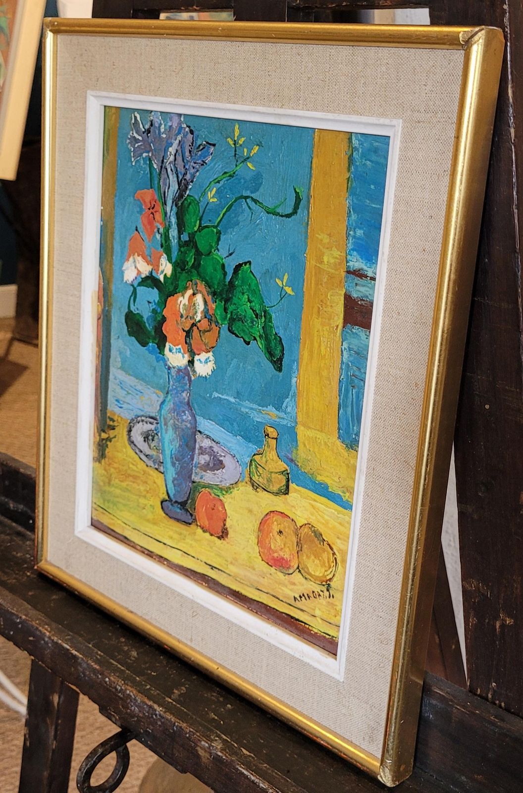 photo vintage Cezanne Inspired Still Life. 'The Blue Vase". Oil On Board. 35cm X 30cm.1990 By Amaday