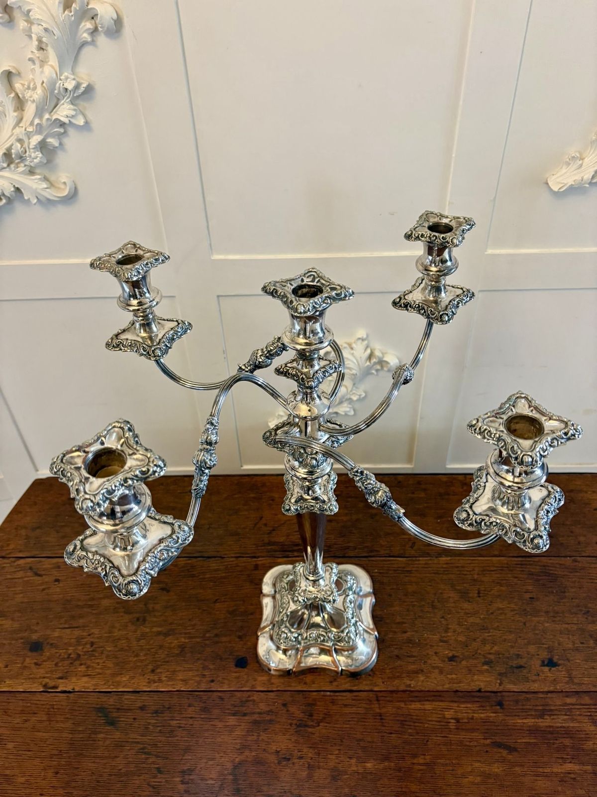 Antique 19th Century Large Silver Plated Five Branch Candelabra Dining Table Centrepiece With Detachable Sconces photo vinterior