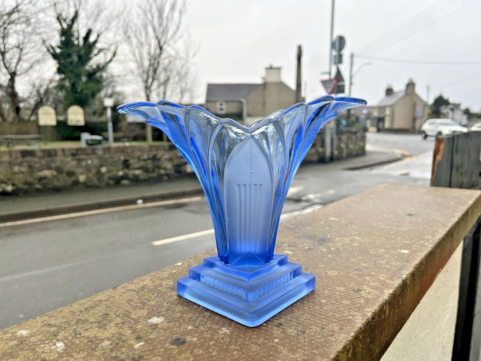 68.0 Beautiful Blue Art Deco Walther & Sohne Greta Stepped Base Flower Vase Posy 30's photo