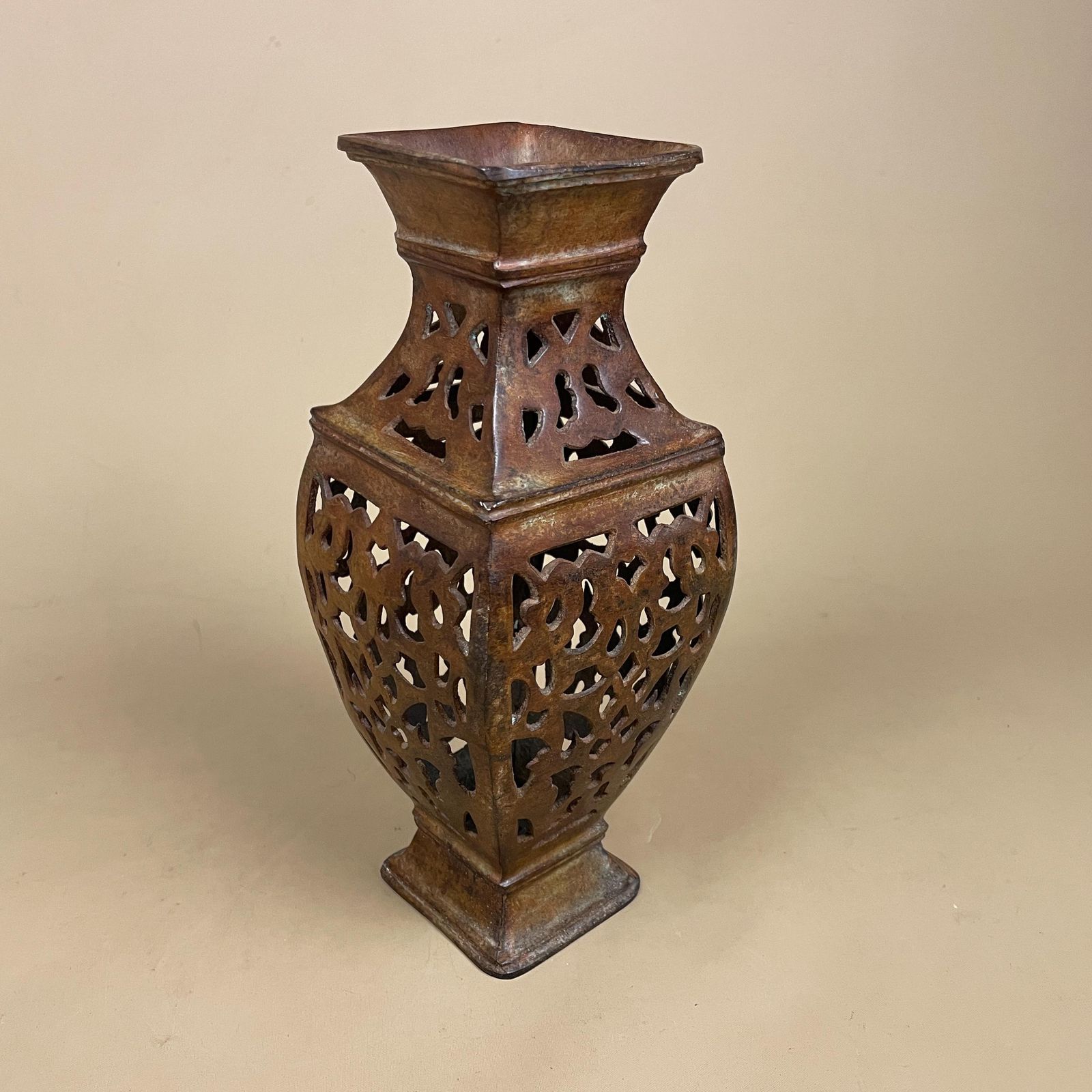 Metal Indian Patterned Pot Vase Jardiniere Asian Handmade Hollowed Out Pierced Intricate Vintage Urn Decorative Ornate Display Cut Out
