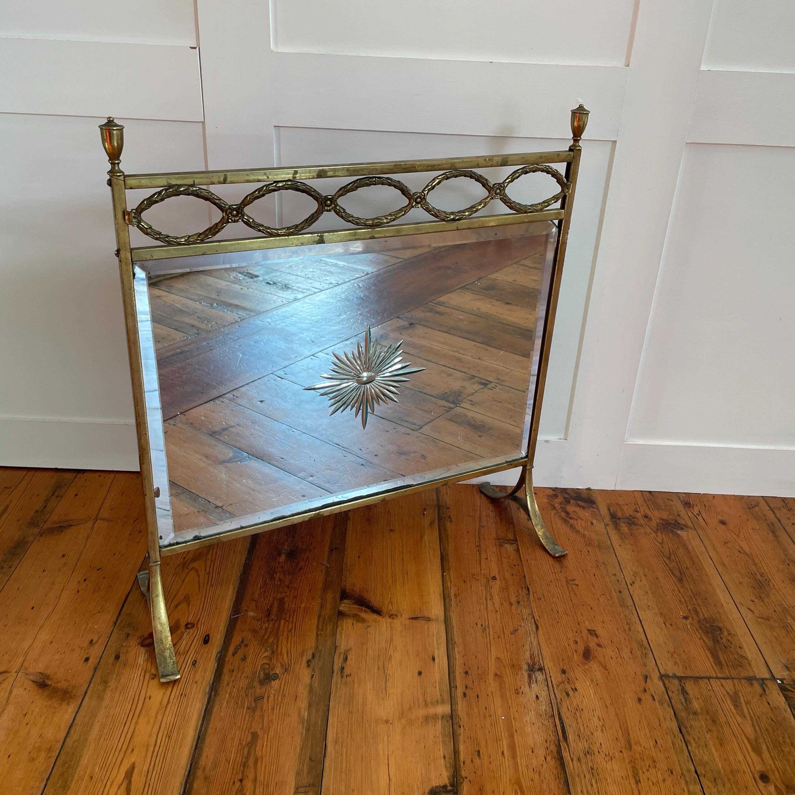 Antique Fireguard Fireplace Screen Gold Brass Metal Frame Vintage Fire Guard Mirror Victorian Ornate Freestanding Detail Art Deco photo buy