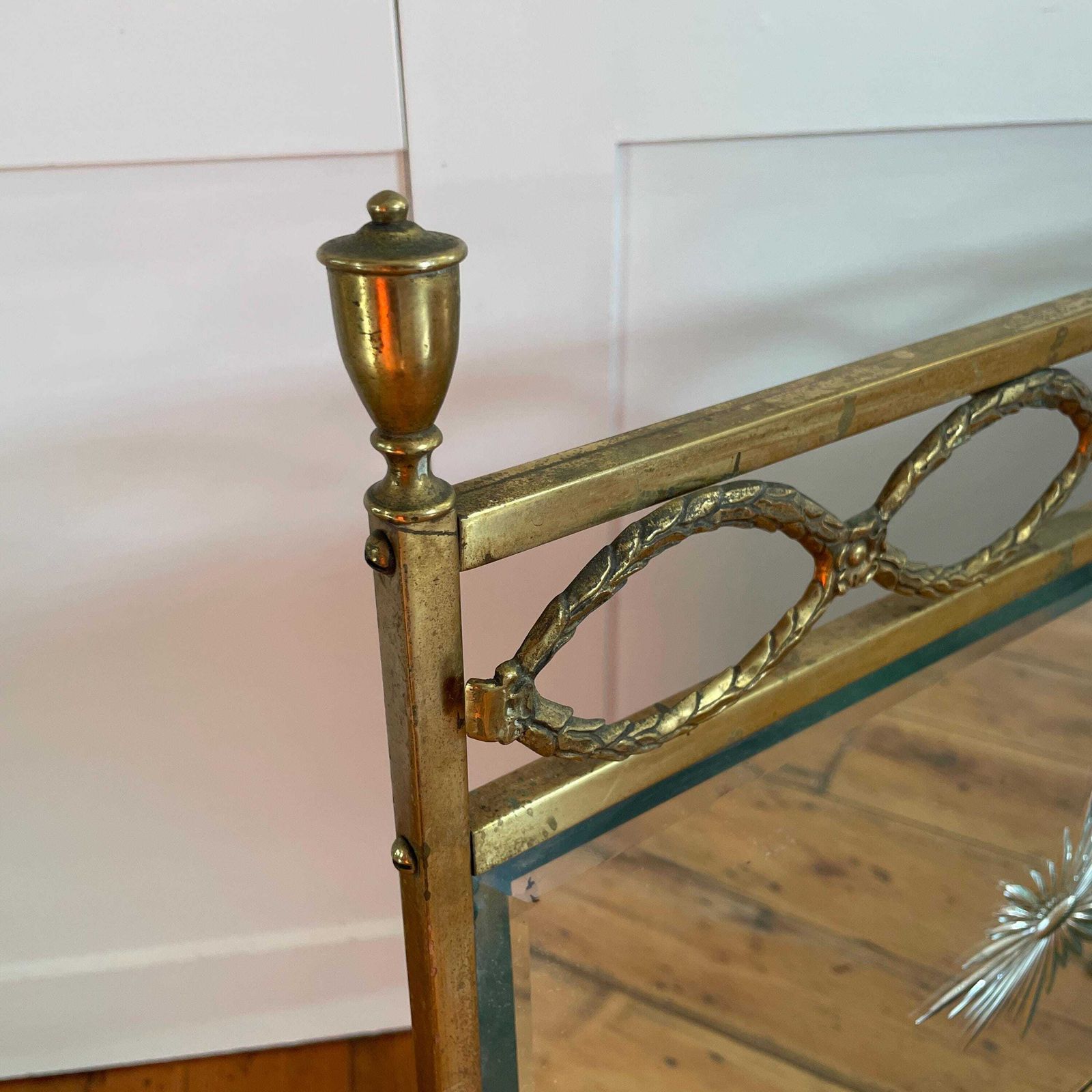 Antique Fireguard Fireplace Screen Gold Brass Metal Frame Vintage Fire Guard Mirror Victorian Ornate Freestanding Detail Art Deco photo vintage