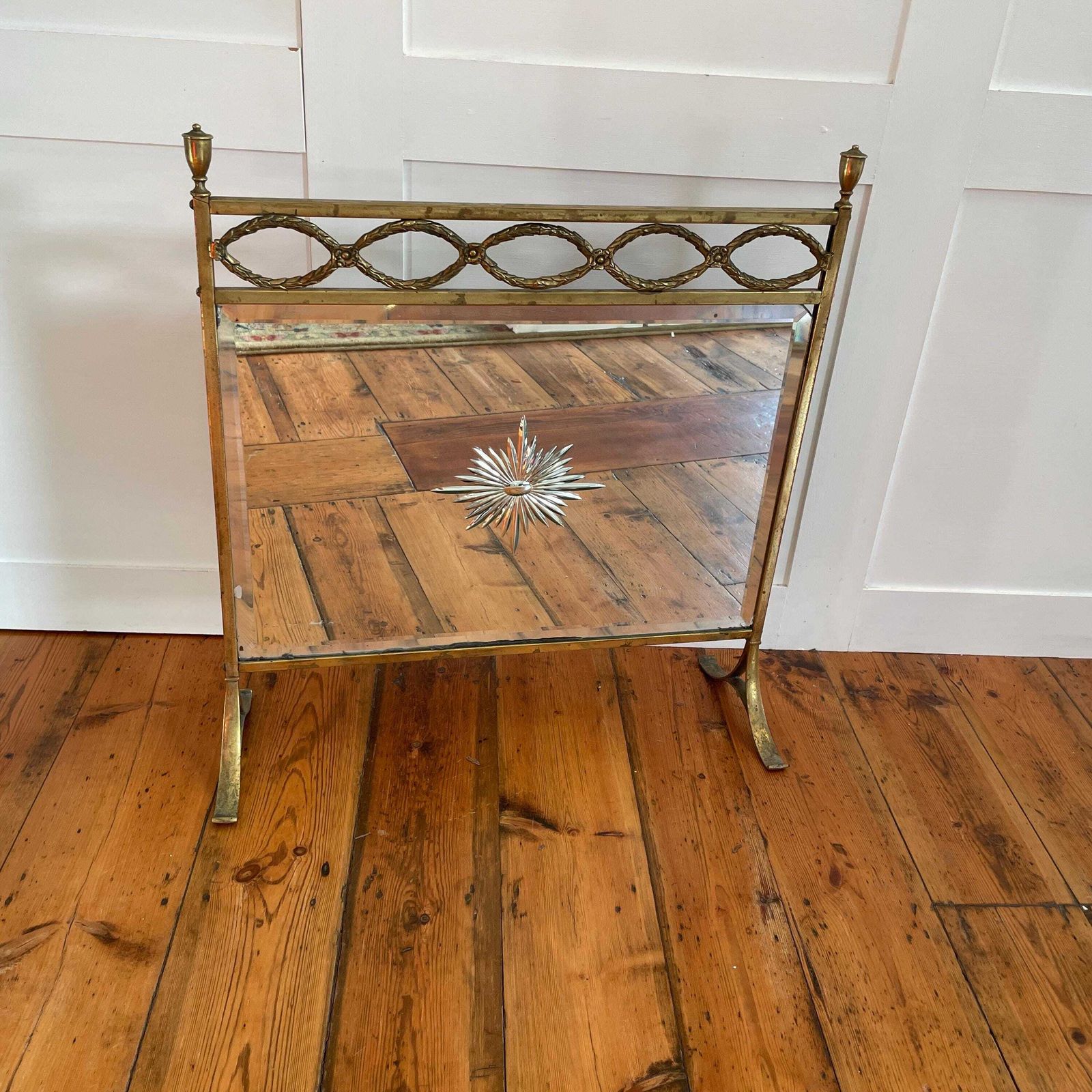 225.0 Antique Fireguard Fireplace Screen Gold Brass Metal Frame Vintage Fire Guard Mirror Victorian Ornate Freestanding Detail Art Deco photo