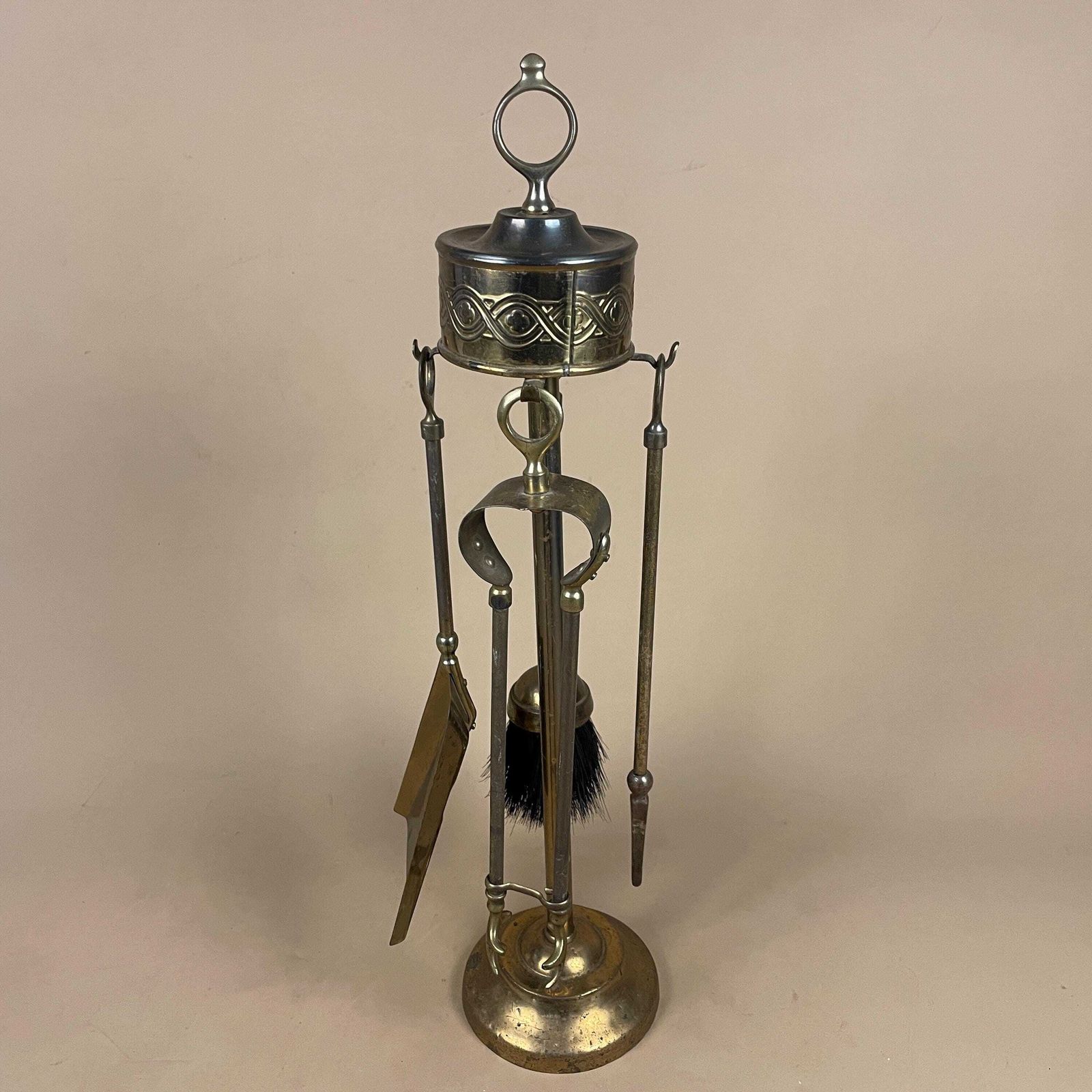 photo for sale Antique Brass Gold Metal Fireside Tools Stand Vintage Companion Set Fireplace Gold Fireside Fire Farmhouse Cottage Four Piece 4 Round