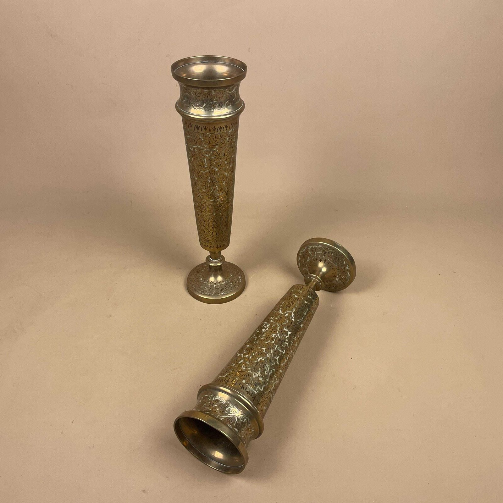 Pair Of Antique Metal Gold Indian Patterned Brass Plant Pot Vase Jardiniere Handmade Engraved Etched Intricate Vintage Decorative Asian photo furniture