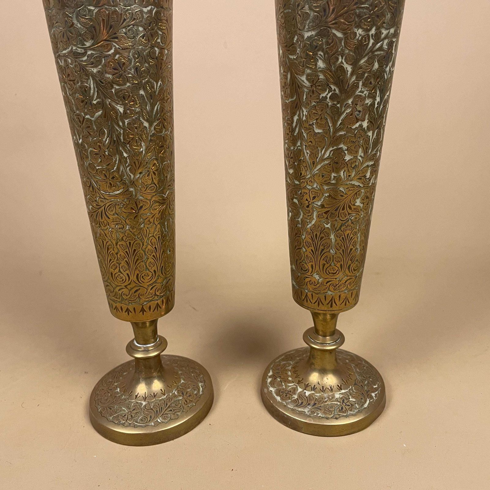 Pair Of Antique Metal Gold Indian Patterned Brass Plant Pot Vase Jardiniere Handmade Engraved Etched Intricate Vintage Decorative Asian photo 129.0