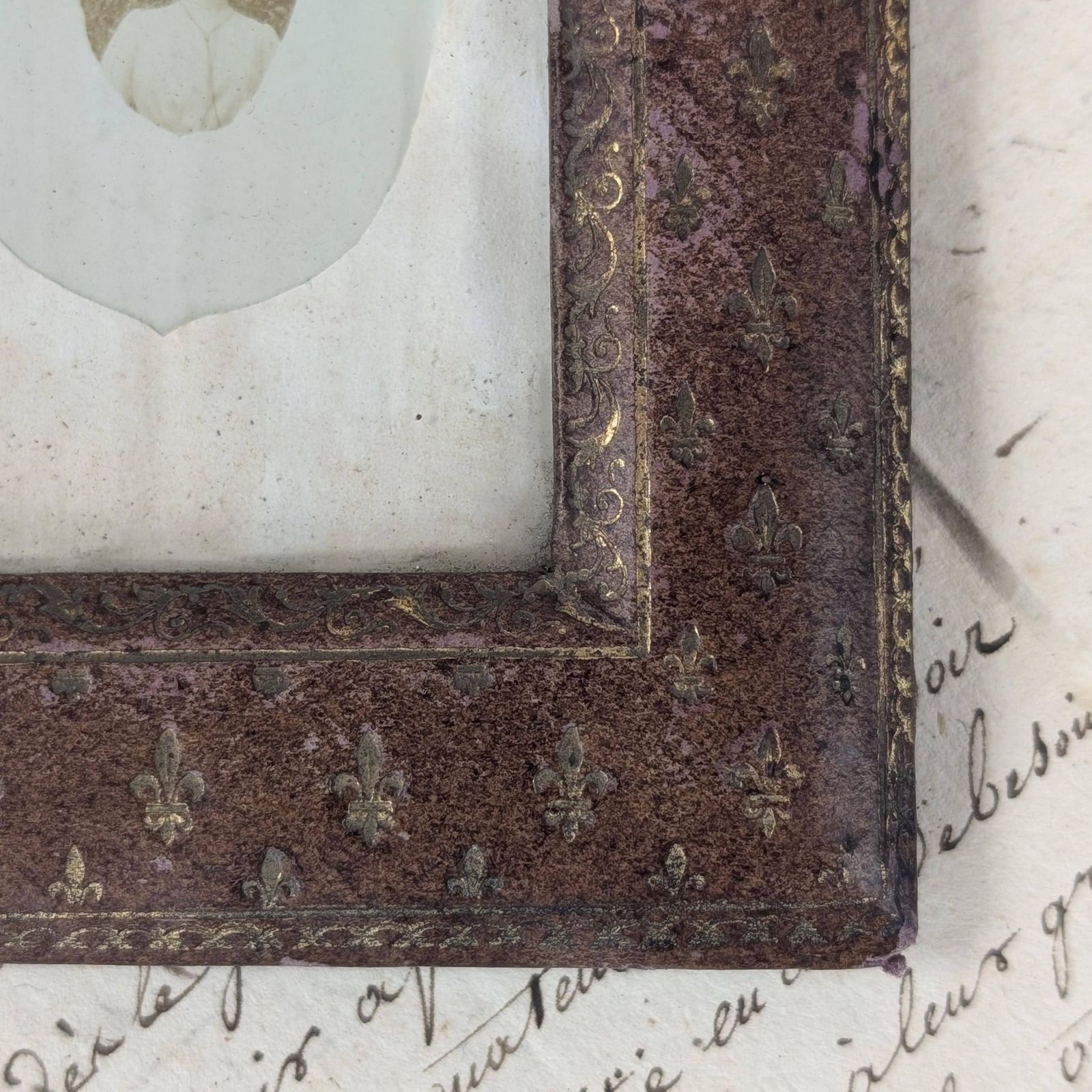 Antique French Domed Picture Frame Gilt Fleur De Lis Faux Leather Small Easel Back Photo Hardware photo Home Decor