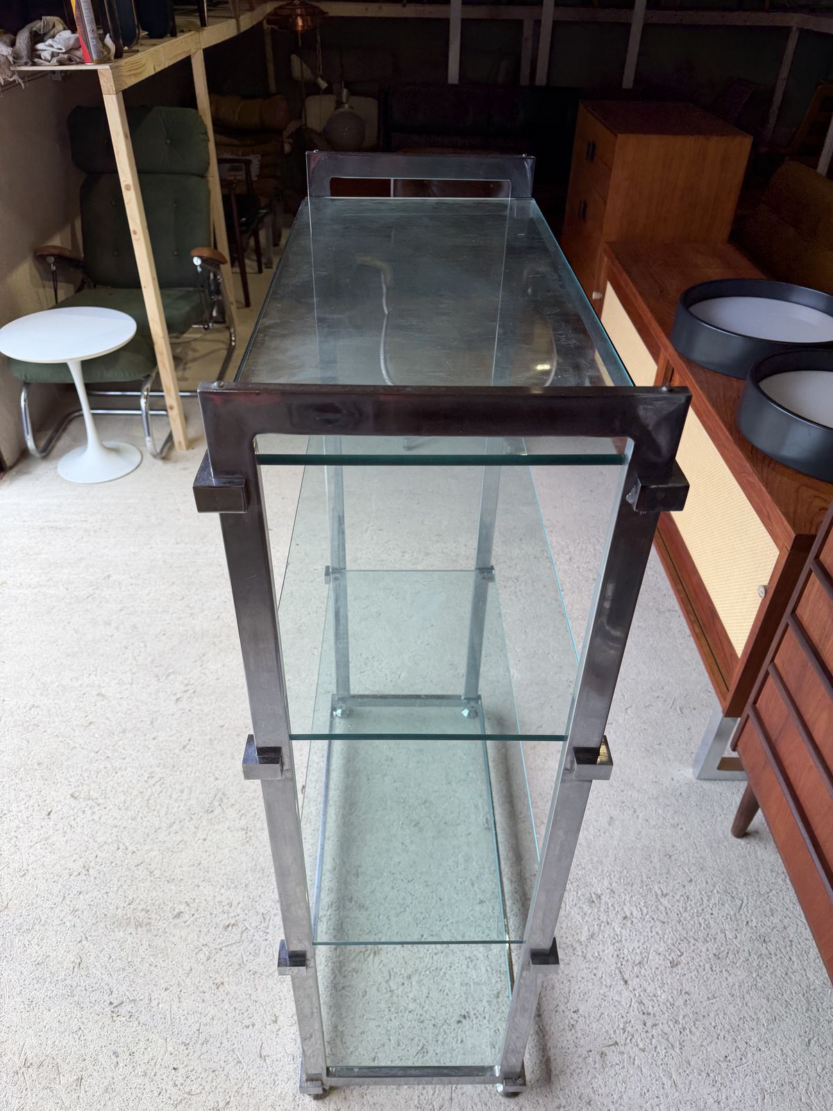 Furniture Mid Century Pieff Chrome And Glass Shelving Unit 1970s photo