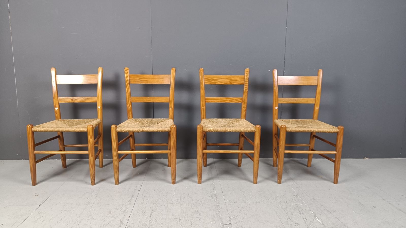 Mid Century Oak And Wicker Dining Chairs, Set Of 4   1970s photo for sale