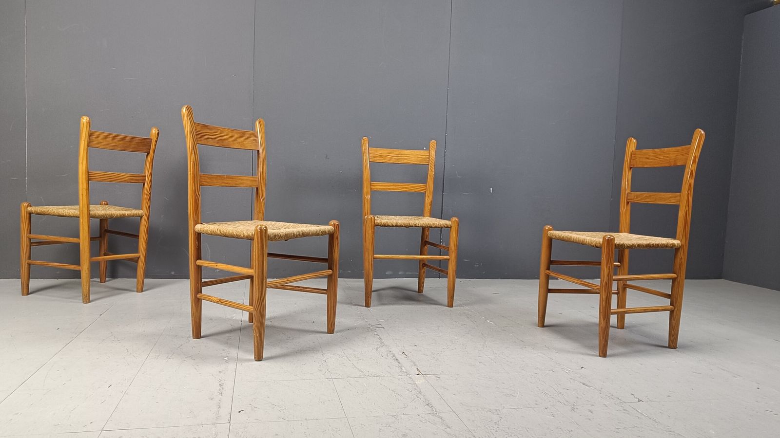 Mid Century Oak And Wicker Dining Chairs, Set Of 4   1970s