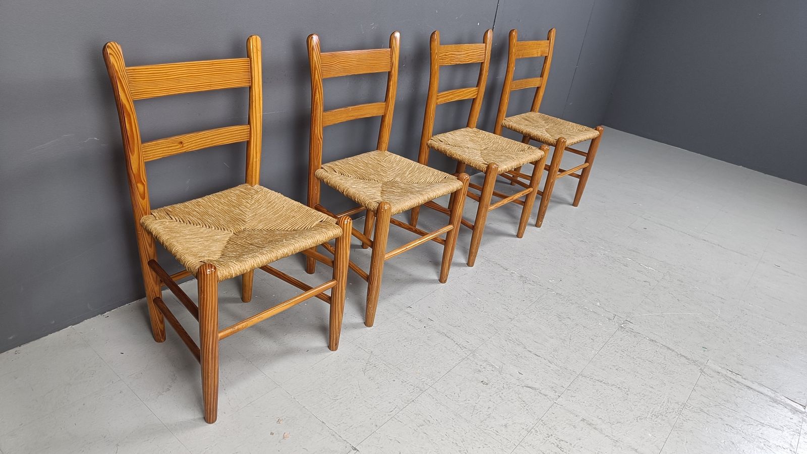 Mid Century Oak And Wicker Dining Chairs, Set Of 4   1970s photo buy
