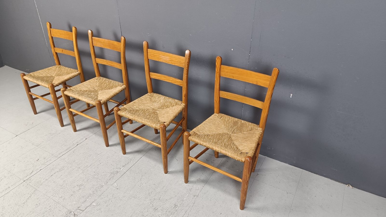 Furniture Mid Century Oak And Wicker Dining Chairs, Set Of 4   1970s photo
