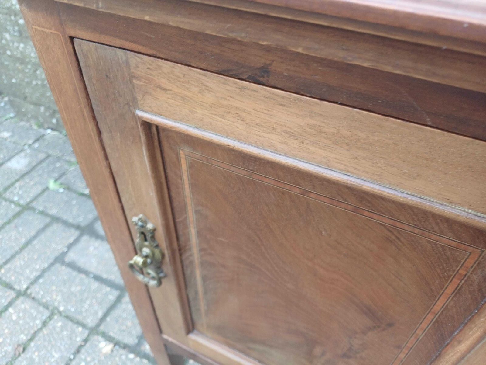 Edwardian Inlaid Mahogany Bedside Cabinet Antique Pot Cupboard Nightstand Vintage Bedside Table Brass Handle Storage Stripped Oiled Top photo vintage