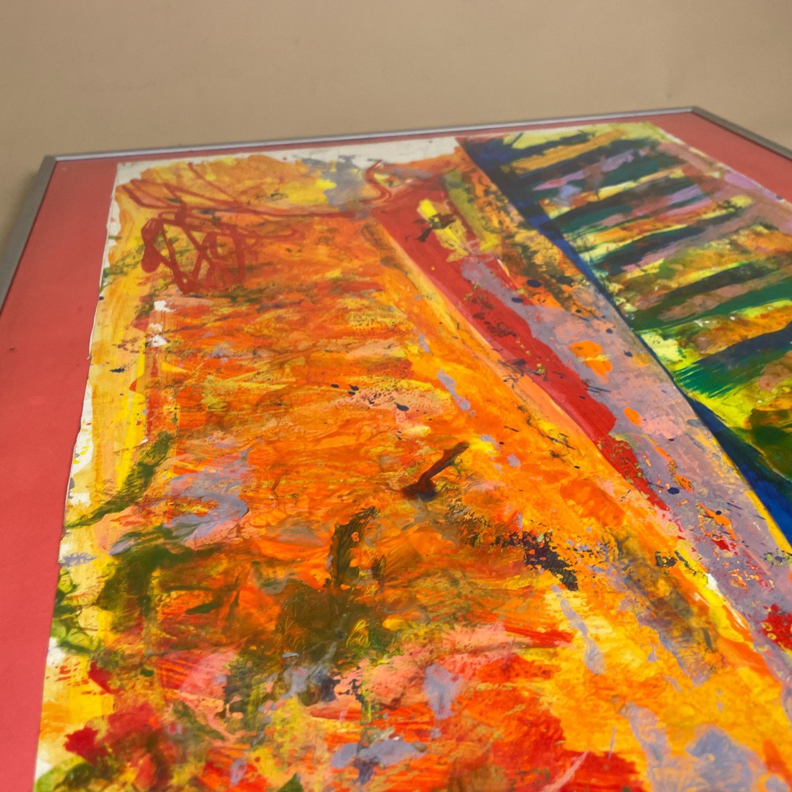 Abstract Modern Original Painting Vibrant Colours Metal Frame Picture Red Orange Bold Contemporary Art Bright Palette Mixed Media Framed photo 85.0