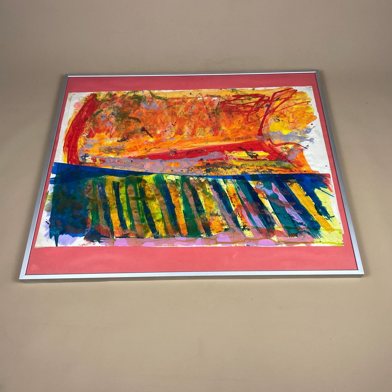 Abstract Modern Original Painting Vibrant Colours Metal Frame Picture Red Orange Bold Contemporary Art Bright Palette Mixed Media Framed photo vintage