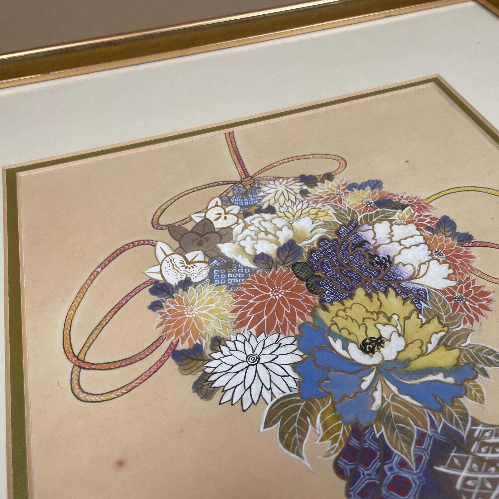 Japanese Watercolour Painting On Rice Paper Framed Floral Picture Gold Frame Vintage Hand Painted Asian Art Wall Decor photo vintage