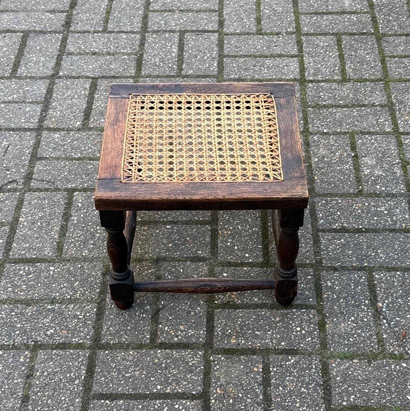 Vintage 1930s Oak Stool With Handwoven Cane Seat, Arts And Crafts Style