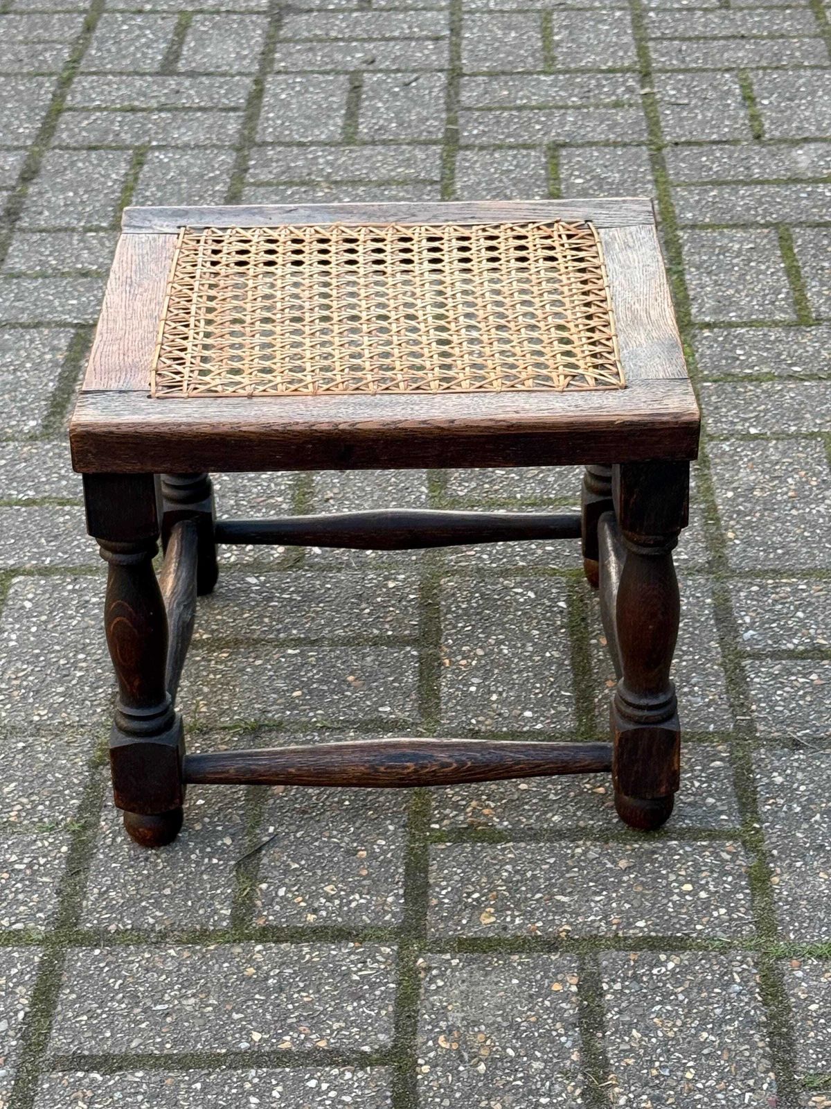 Vintage 1930s Oak Stool With Handwoven Cane Seat, Arts And Crafts Style photo vintage