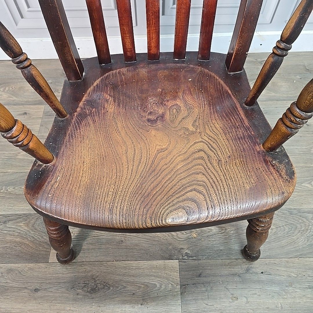 Antique Windsor Elbow Chair Lath Back Armchair Solid Wood Elm Victorian Seat photo vinterior