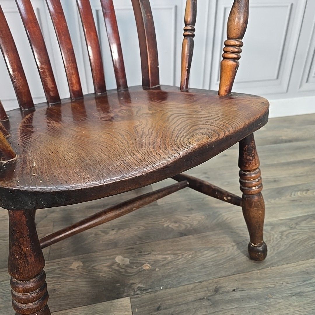Furniture Antique Windsor Elbow Chair Lath Back Armchair Solid Wood Elm Victorian Seat photo