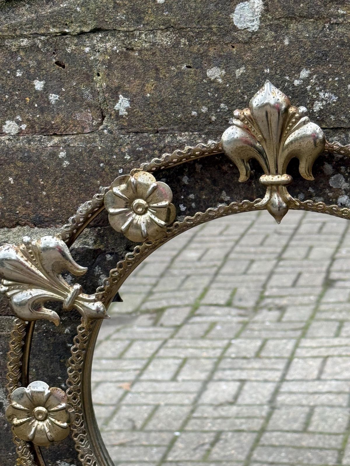 Vintage Ornate Gold Tone Wall Mirror With Floral Fleur De Lis Rustic Rusted And Retro Frame photo vintage