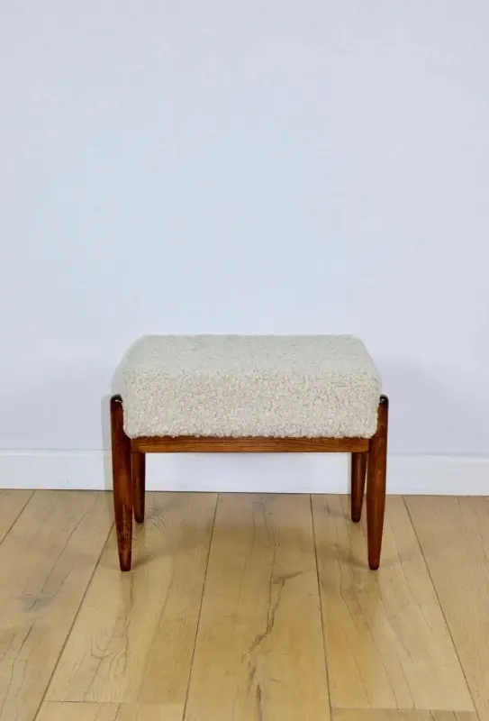 Edmund Homa Stool, Cream Ivory Seat, Beige Boucle, Long Pile, Lambskin