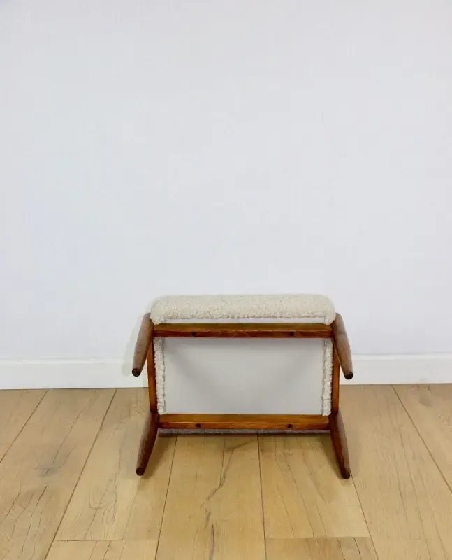 Edmund Homa Stool, Cream Ivory Seat, Beige Boucle, Long Pile, Lambskin photo vintage
