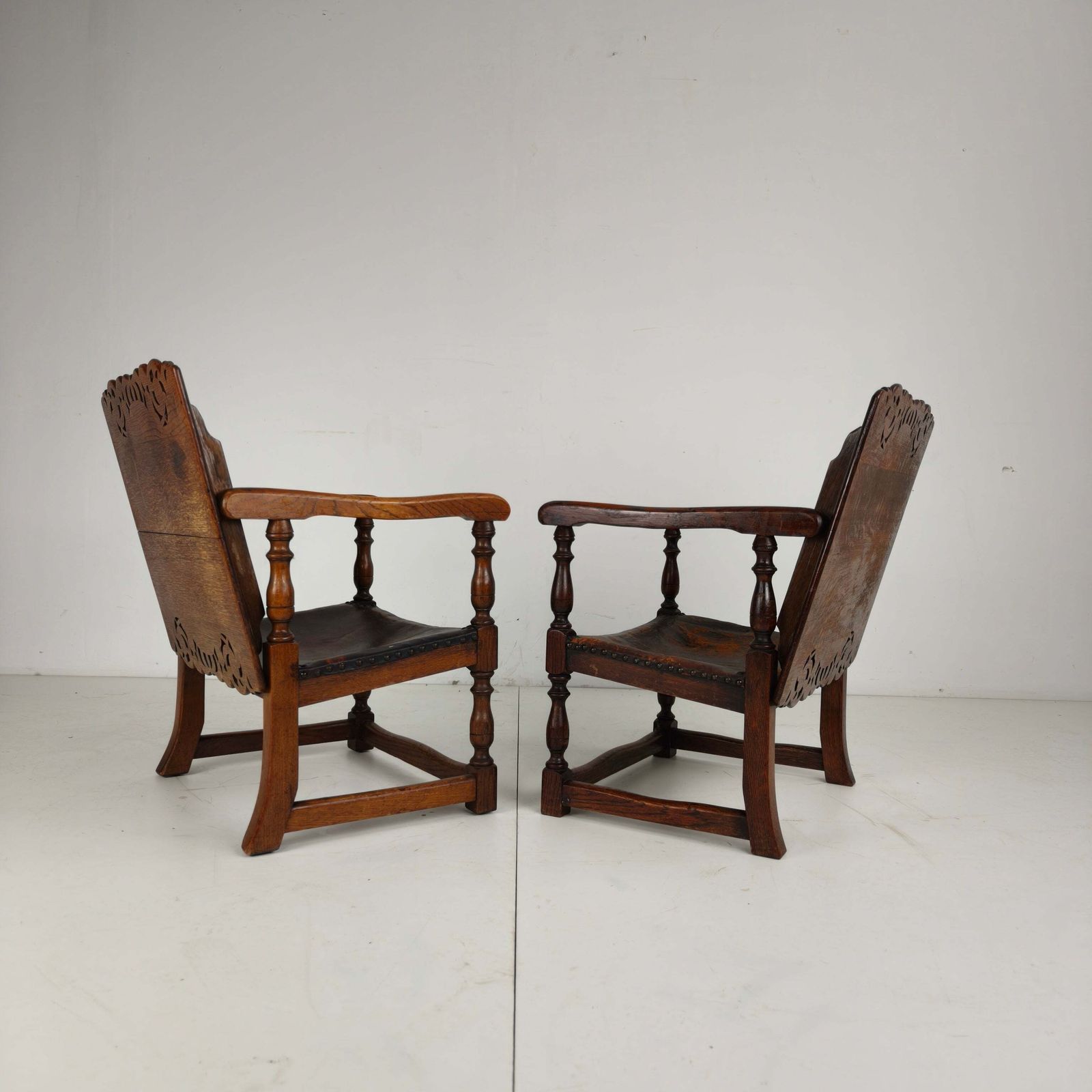 photo buy Pair Of English Antique Jacobean Monk Armchairs / Tables By F. Parker & Sons Ltd