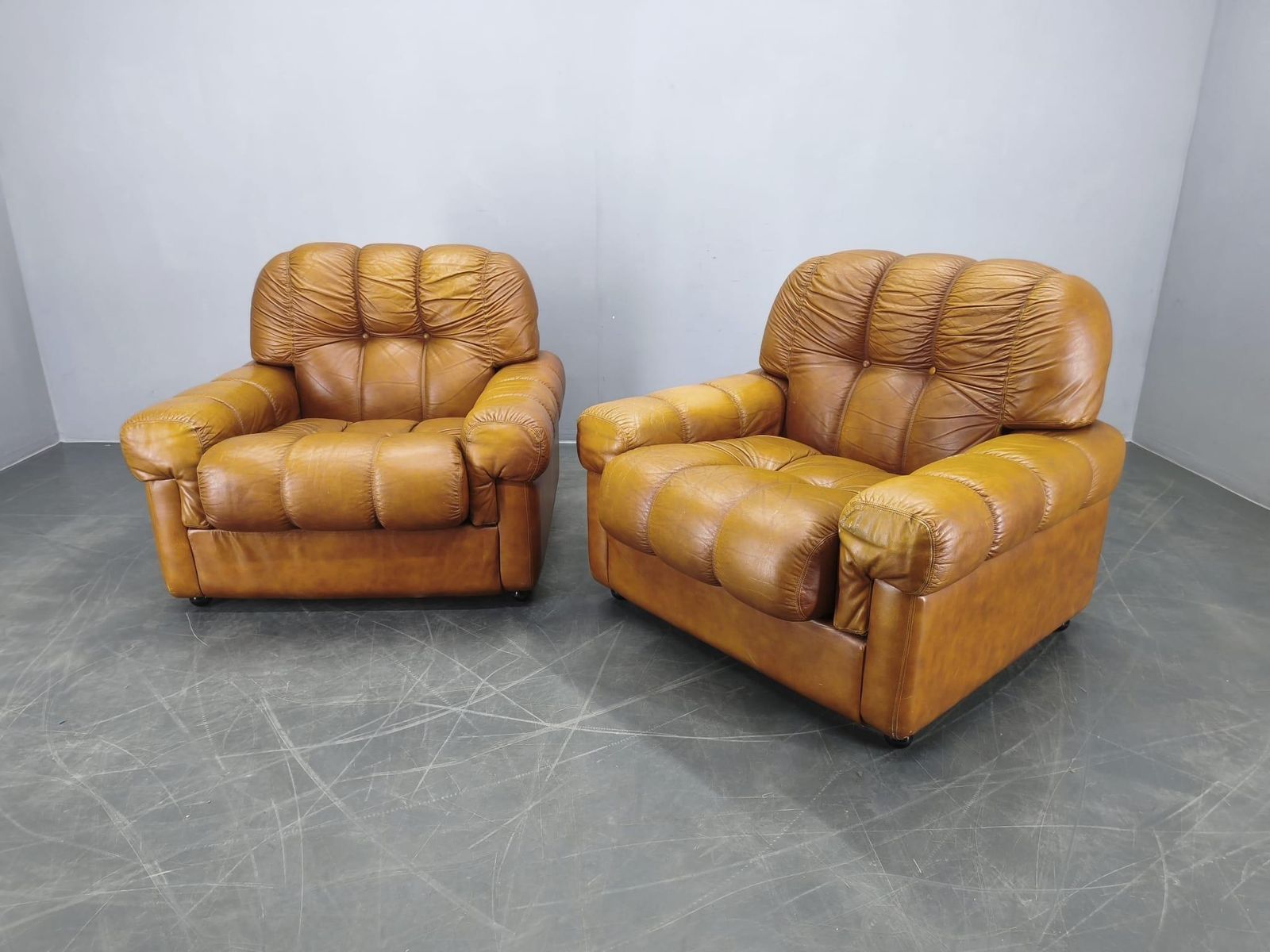 Pair Of Italian Mid Century Cognac Leather Lounge Armchairs, 1970s photo Furniture