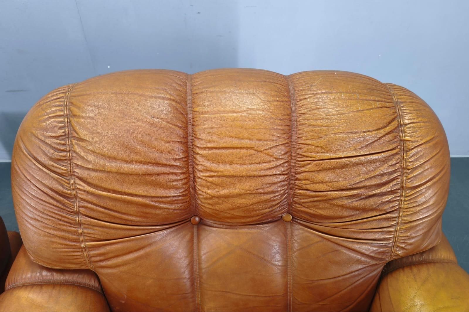 Furniture Pair Of Italian Mid Century Cognac Leather Lounge Armchairs, 1970s photo