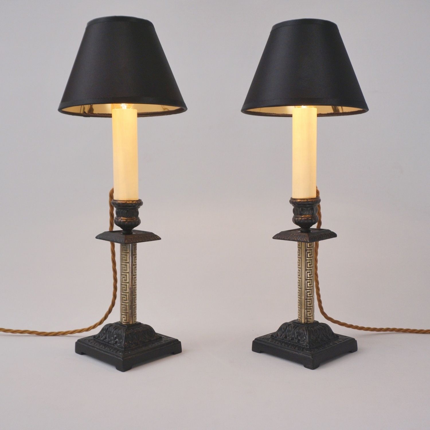 Pair Antique Candlestick Table Lamps, Aesthetic Movement, Iron & Brass, 1890`s Ca, English   Rewired photo vinterior