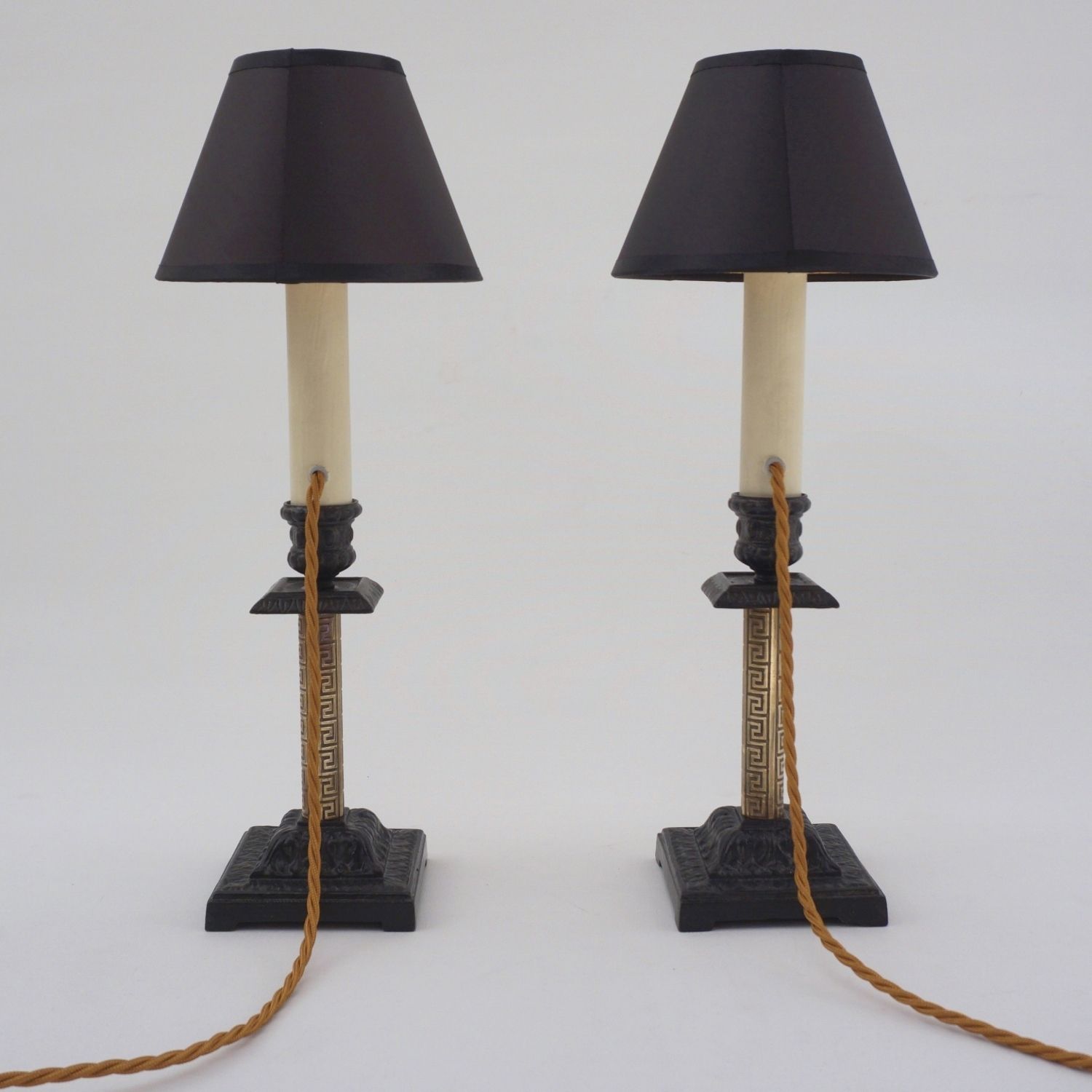 Pair Antique Candlestick Table Lamps, Aesthetic Movement, Iron & Brass, 1890`s Ca, English   Rewired photo vintage