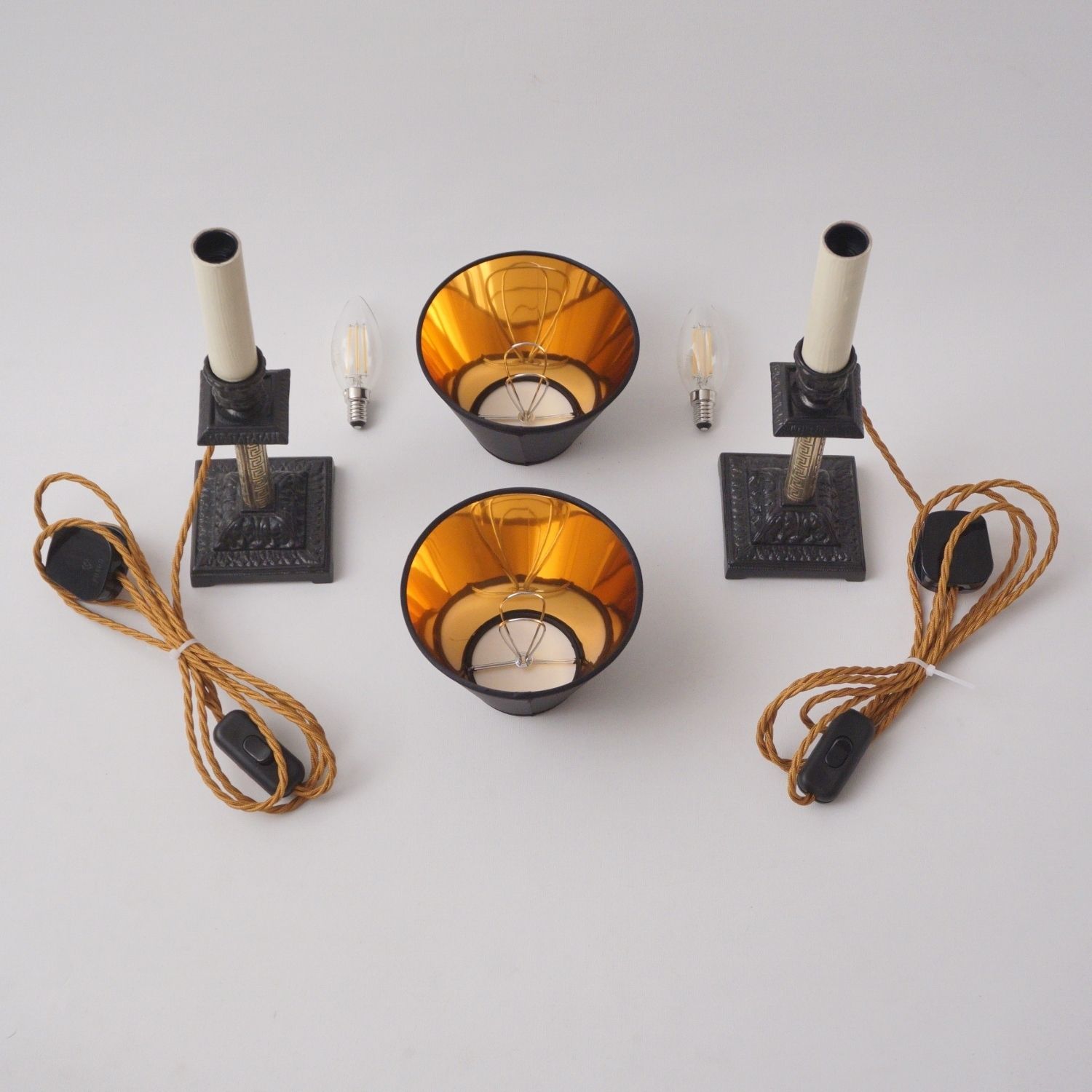 photo furniture Pair Antique Candlestick Table Lamps, Aesthetic Movement, Iron & Brass, 1890`s Ca, English   Rewired