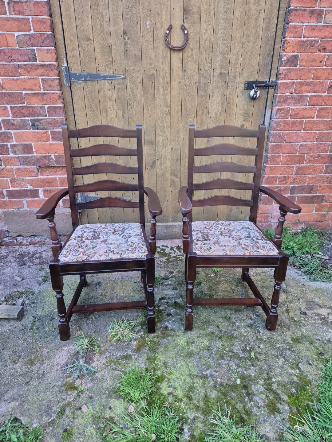 Pair Of Ladderback "Old Charm" Style Oak Carver Chairs With Tapestry Seats