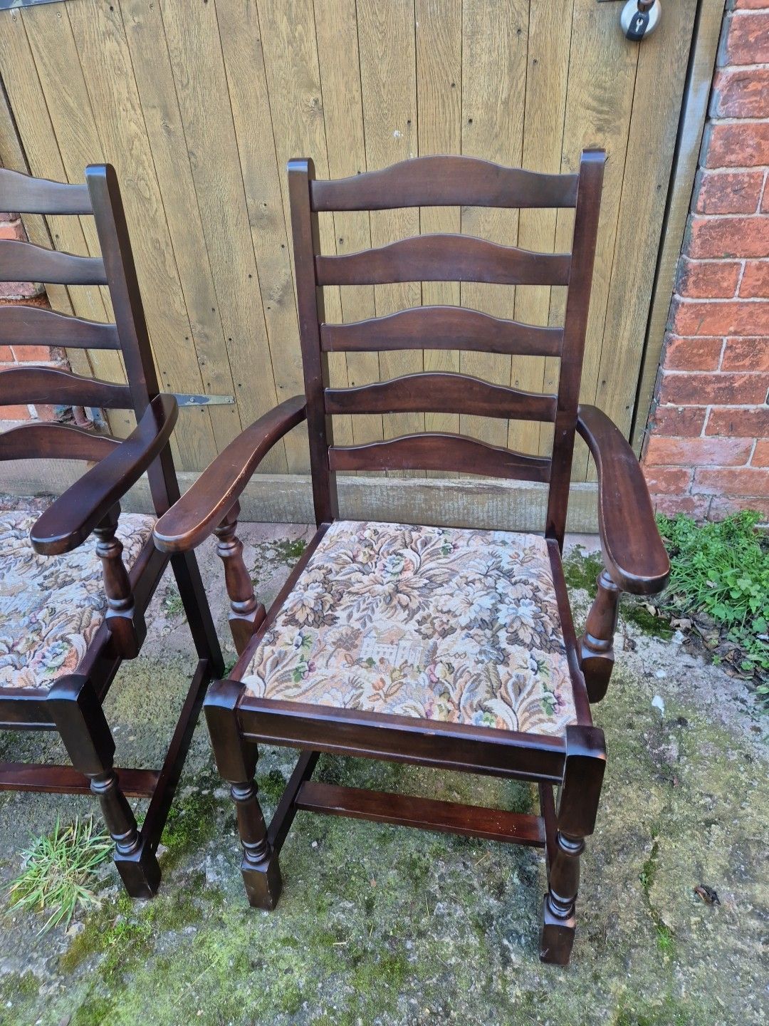 Pair Of Ladderback "Old Charm" Style Oak Carver Chairs With Tapestry Seats photo for sale
