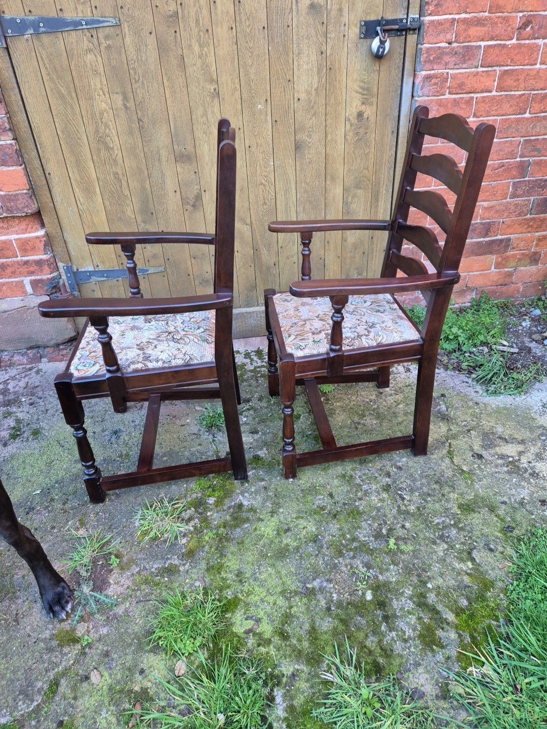 Pair Of Ladderback "Old Charm" Style Oak Carver Chairs With Tapestry Seats photo 60.0