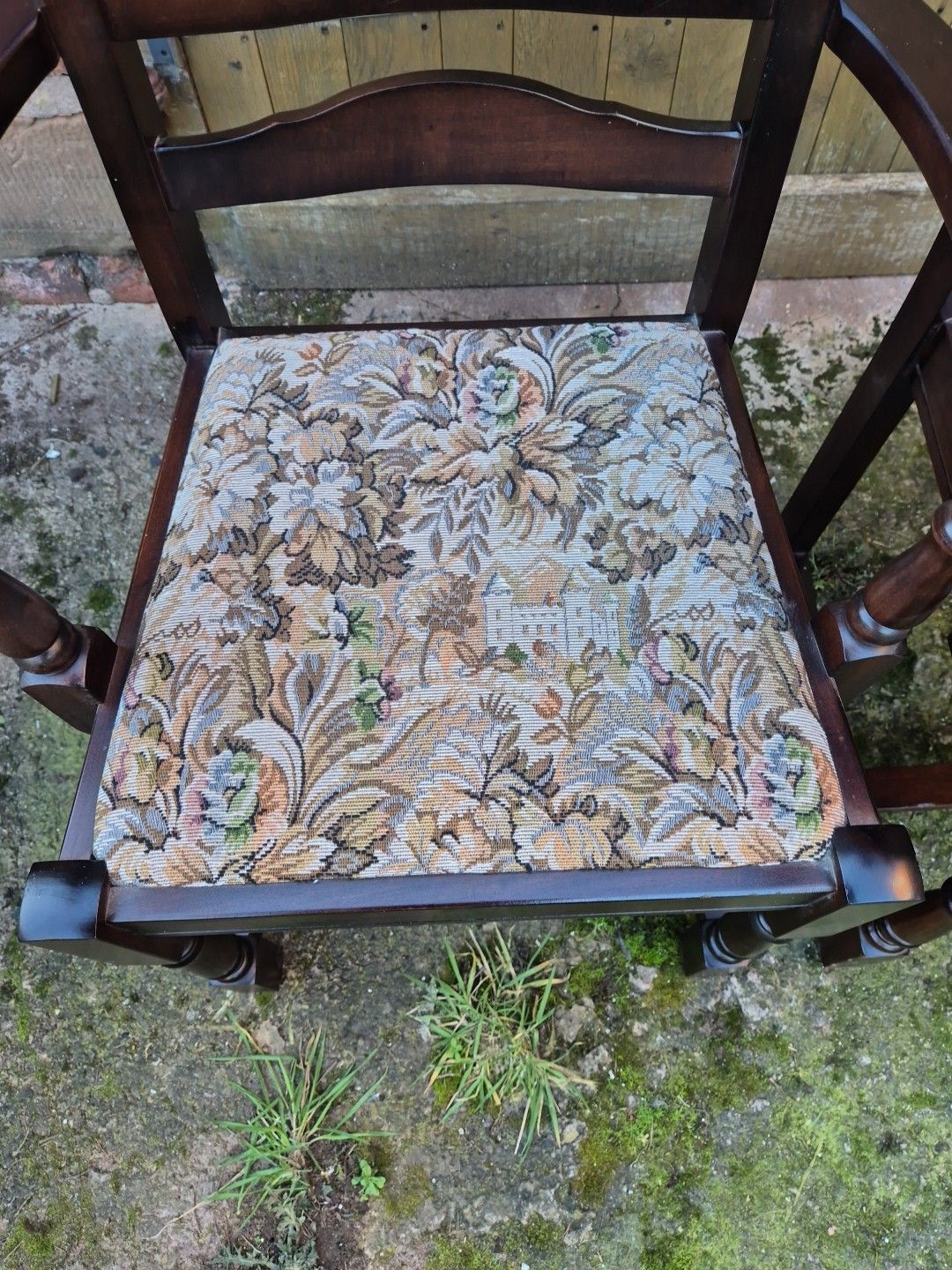 photo furniture Pair Of Ladderback "Old Charm" Style Oak Carver Chairs With Tapestry Seats